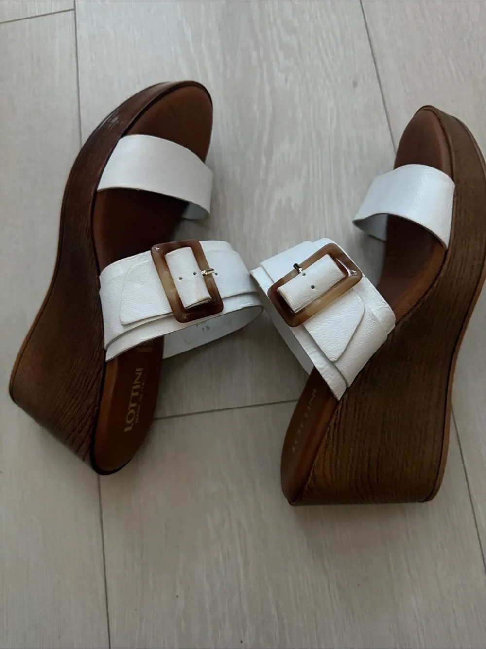 Lottini White Leather Wedge Slide Sandals with Buckle